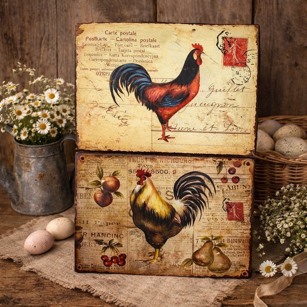 Vintage French Country‎ Roosters Postage Card Home Decor Metal Signs Set 2